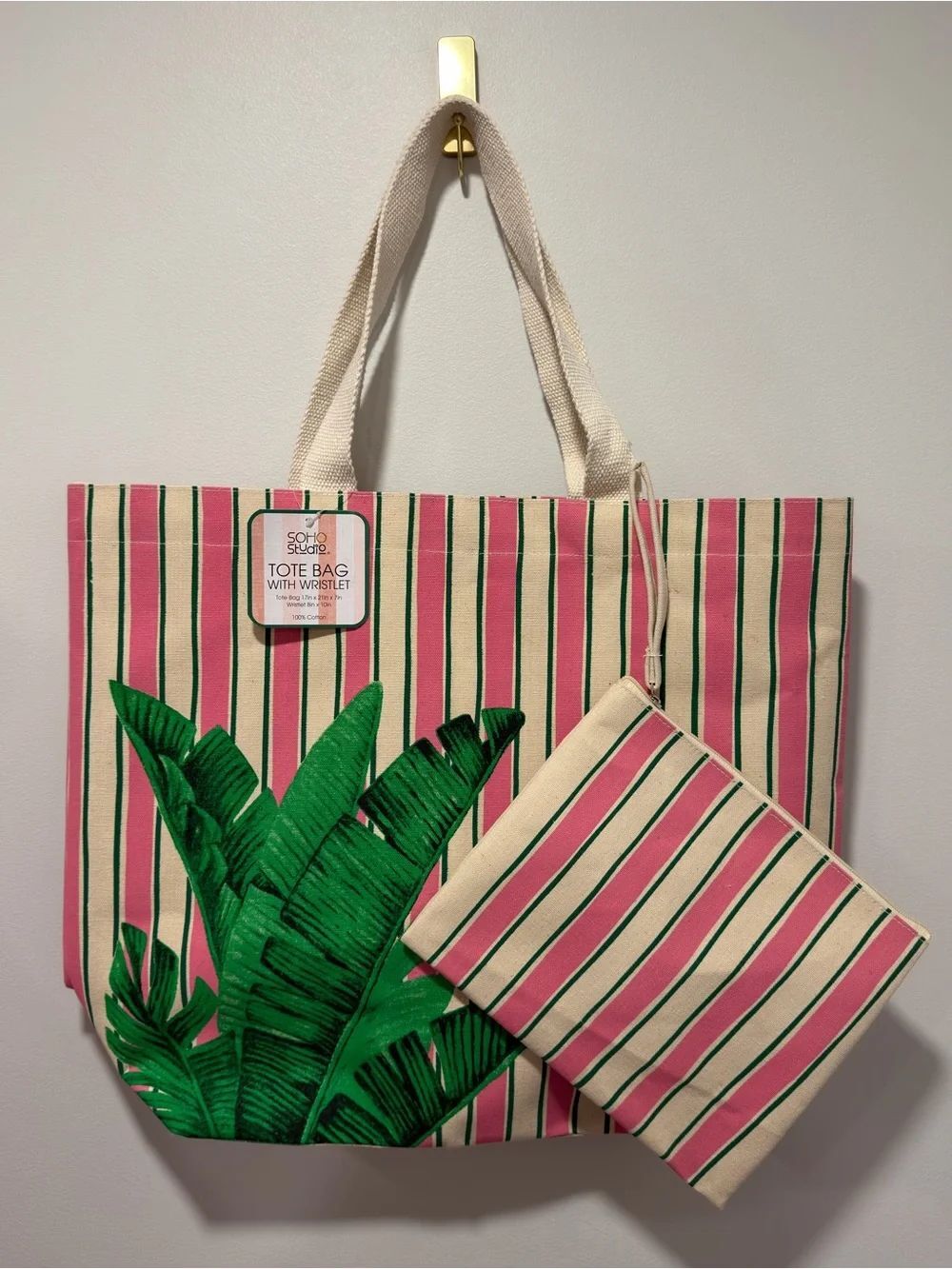 Pink Stripe Large Canvas Tote Wristlet with Green Tropical Leaf Print